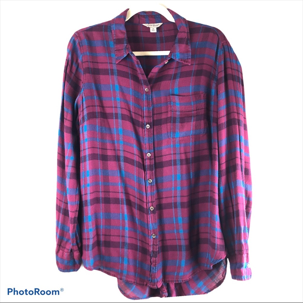 Lucky Brand Burgundy Blue Plaid Button Front Top